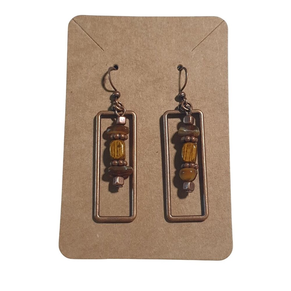 Handcrafted Copper Rectangle Earrings Wood Bead Brown Accents Boho Beach Gift